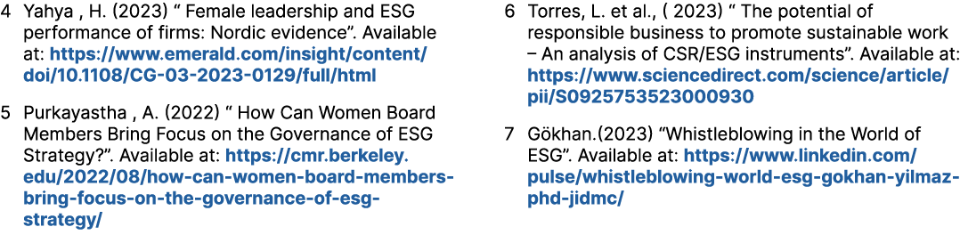 4 Yahya , H. (2023) “ Female leadership and ESG performance of firms: Nordic evidence”. Available at: https://www.eme...