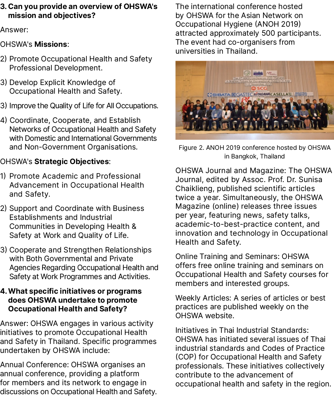 3. Can you provide an overview of OHSWA's mission and objectives? Answer: OHSWA's Missions: 2) Promote Occupational H...