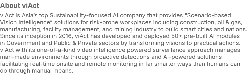 About viAct viAct is Asia’s top Sustainability focused AI company that provides “Scenario based Vision Intelligence” ...
