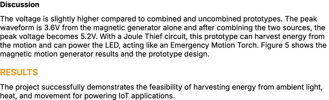 Discussion The voltage is slightly higher compared to combined and uncombined prototypes. The peak waveform is 3.6V f...