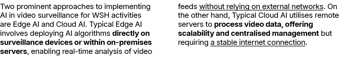 Two prominent approaches to implementing AI in video surveillance for WSH activities are Edge AI and Cloud AI. Typica...