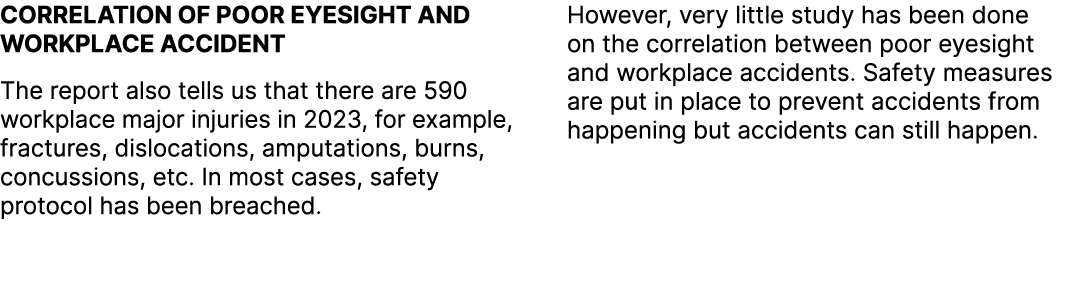 CORRELATION OF POOR EYESIGHT AND WORKPLACE ACCIDENT The report also tells us that there are 590 workplace major injur...