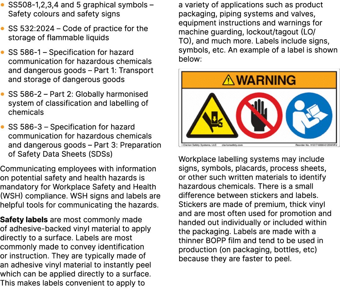 ● SS508 1,2,3,4 and 5 graphical symbols – Safety colours and safety signs ● SS 532:2024 – Code of practice for the st...