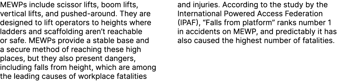 MEWPs include scissor lifts, boom lifts, vertical lifts, and pushed around. They are designed to lift operators to he...