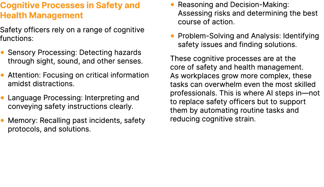 Cognitive Processes in Safety and Health Management Safety officers rely on a range of cognitive functions: ● Sensory...