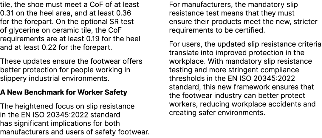 tile, the shoe must meet a CoF of at least 0.31 on the heel area, and at least 0.36 for the forepart. On the optional...