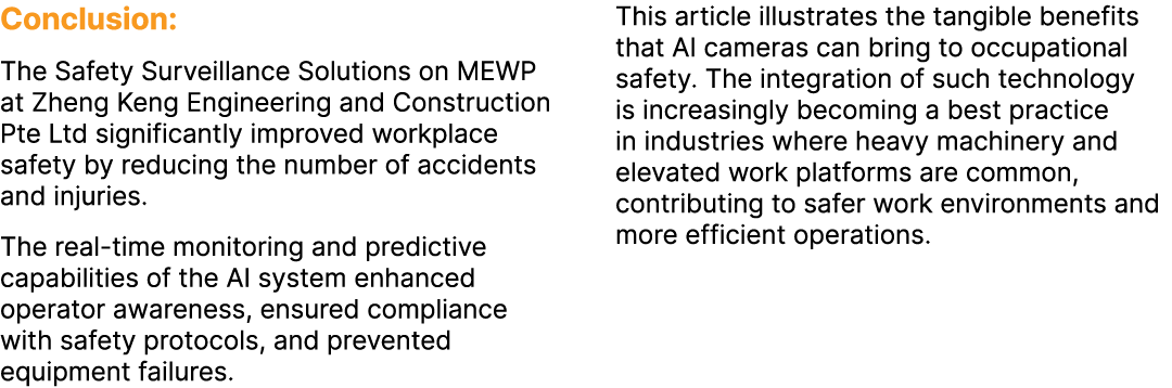 Conclusion: The Safety Surveillance Solutions on MEWP at Zheng Keng Engineering and Construction Pte Ltd significantl...