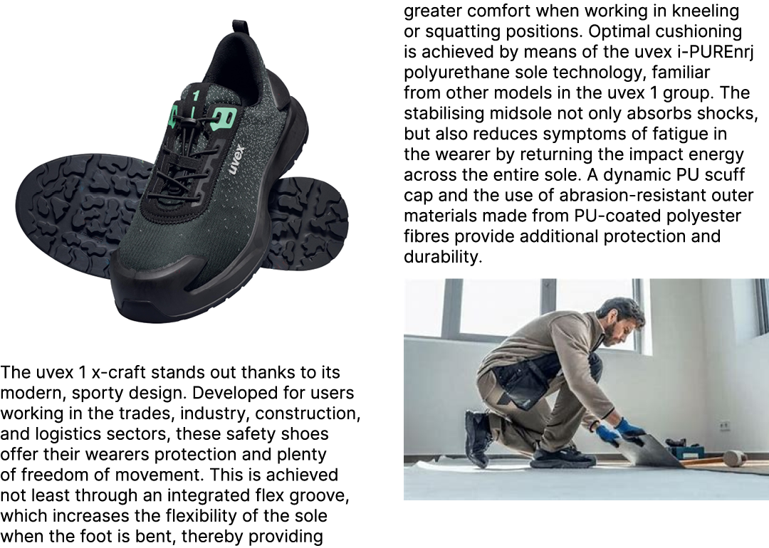 ￼ The uvex 1 x craft stands out thanks to its modern, sporty design. Developed for users working in the trades, indus...