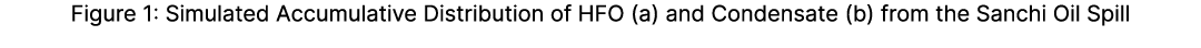 Figure 1: Simulated Accumulative Distribution of HFO (a) and Condensate (b) from the Sanchi Oil Spill