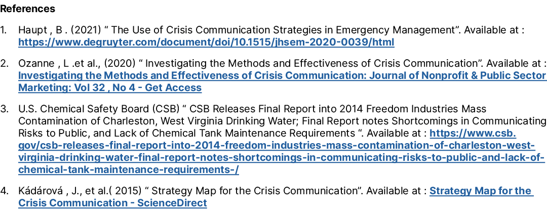 References 1. Haupt , B . (2021) “ The Use of Crisis Communication Strategies in Emergency Management”. Available at ...