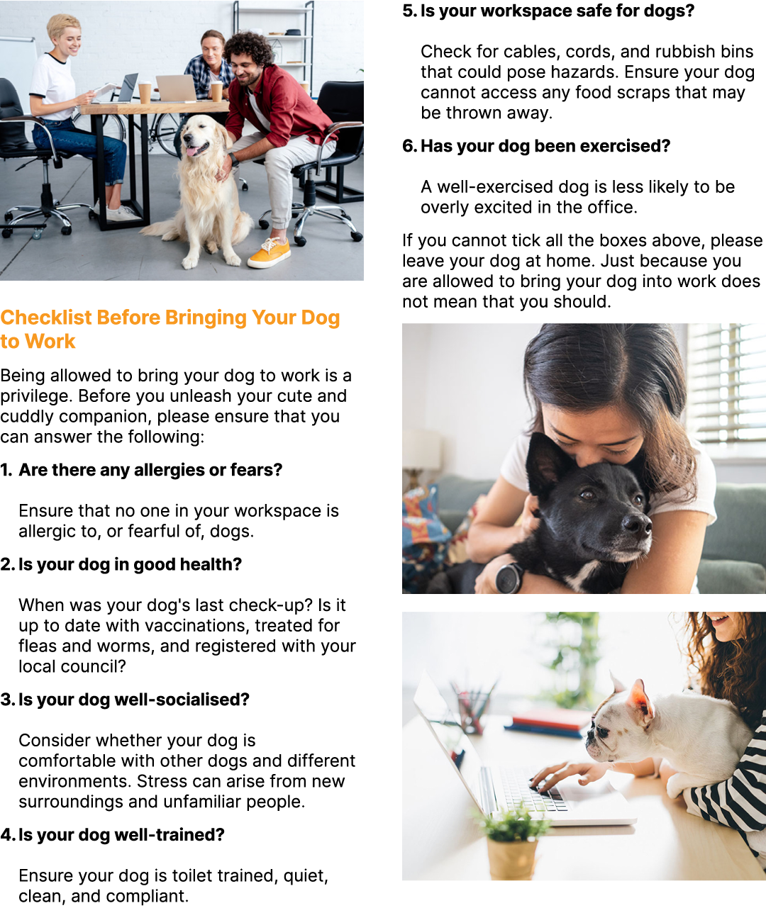 ￼ Checklist Before Bringing Your Dog to Work Being allowed to bring your dog to work is a privilege. Before you unlea...