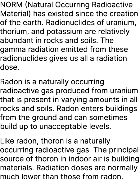 NORM (Natural Occurring Radioactive Material) has existed since the creation of the earth. Radionuclides of uranium, ...
