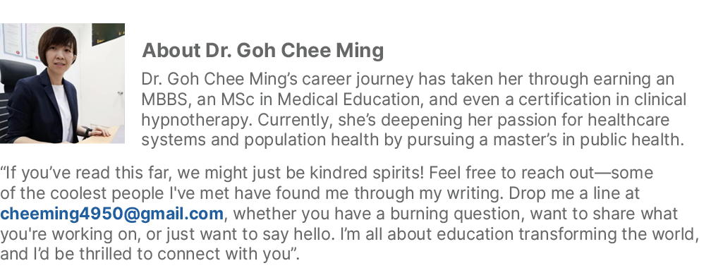 ￼About Dr. Goh Chee Ming Dr. Goh Chee Ming’s career journey has taken her through earning an MBBS, an MSc in Medical ...