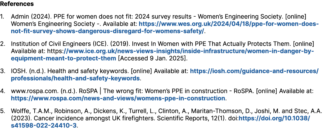 References 1. Admin (2024). PPE for women does not fit: 2024 survey results Women’s Engineering Society. [online] Wom...