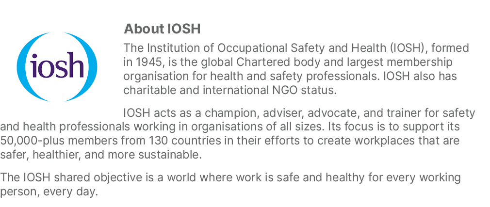 ￼About IOSH The Institution of Occupational Safety and Health (IOSH), formed in 1945, is the global Chartered body an...