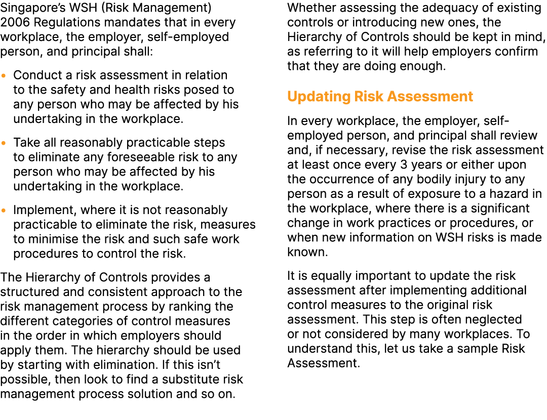 Singapore’s WSH (Risk Management) 2006 Regulations mandates that in every workplace, the employer, self employed pers...