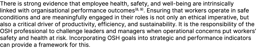 There is strong evidence that employee health, safety, and well being are intrinsically linked with organisational pe...