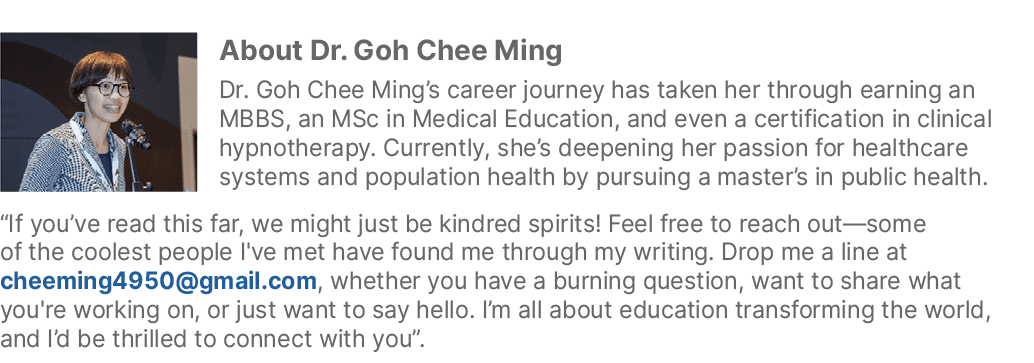 ￼About Dr. Goh Chee Ming Dr. Goh Chee Ming’s career journey has taken her through earning an MBBS, an MSc in Medical ...