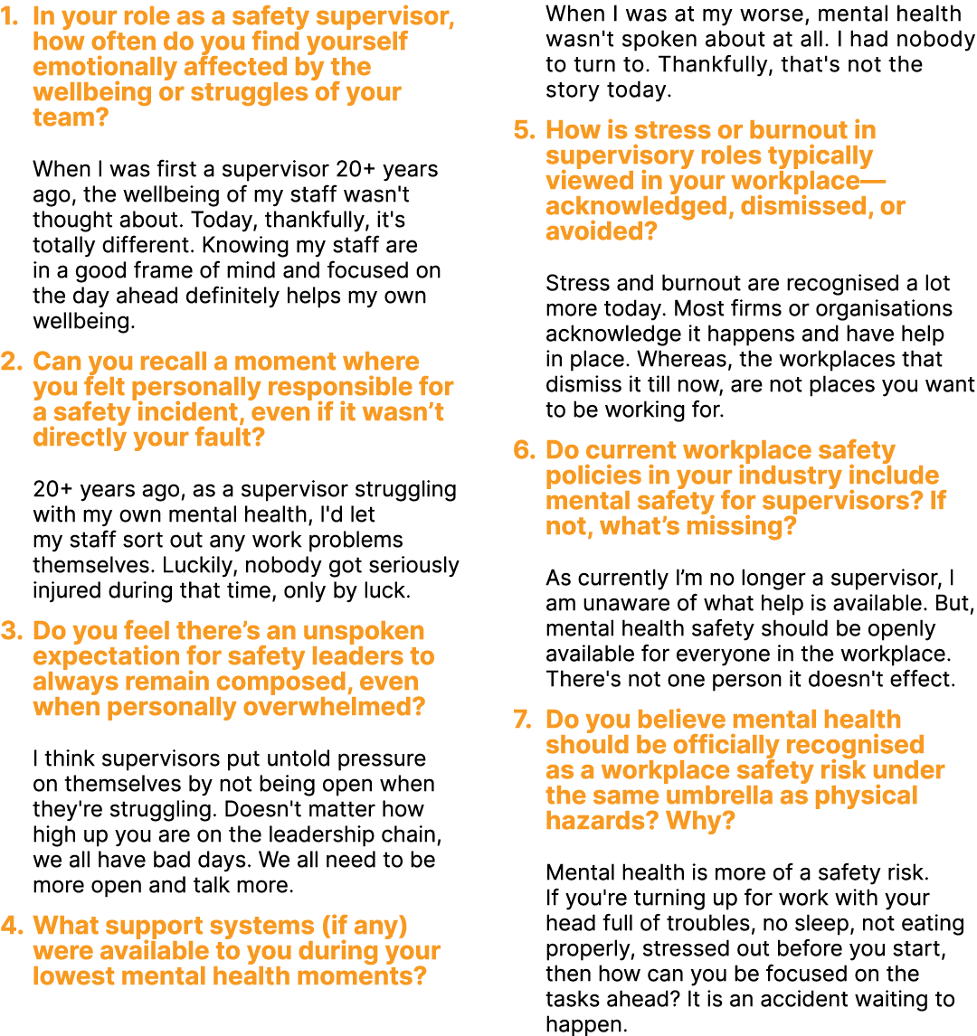 1. In your role as a safety supervisor, how often do you find yourself emotionally affected by the wellbeing or strug...