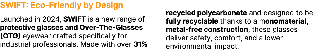 SWIFT: Eco Friendly by Design Launched in 2024, SWIFT is a new range of protective glasses and Over The Glasses (OTG)...