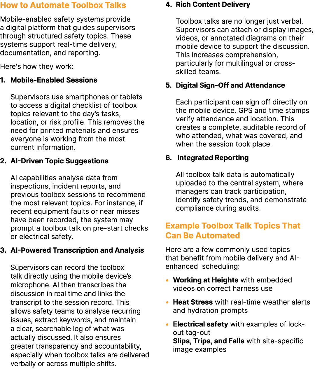 How to Automate Toolbox Talks Mobile enabled safety systems provide a digital platform that guides supervisors throug...