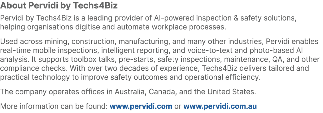 About Pervidi by Techs4Biz Pervidi by Techs4Biz is a leading provider of AI powered inspection & safety solutions, he...