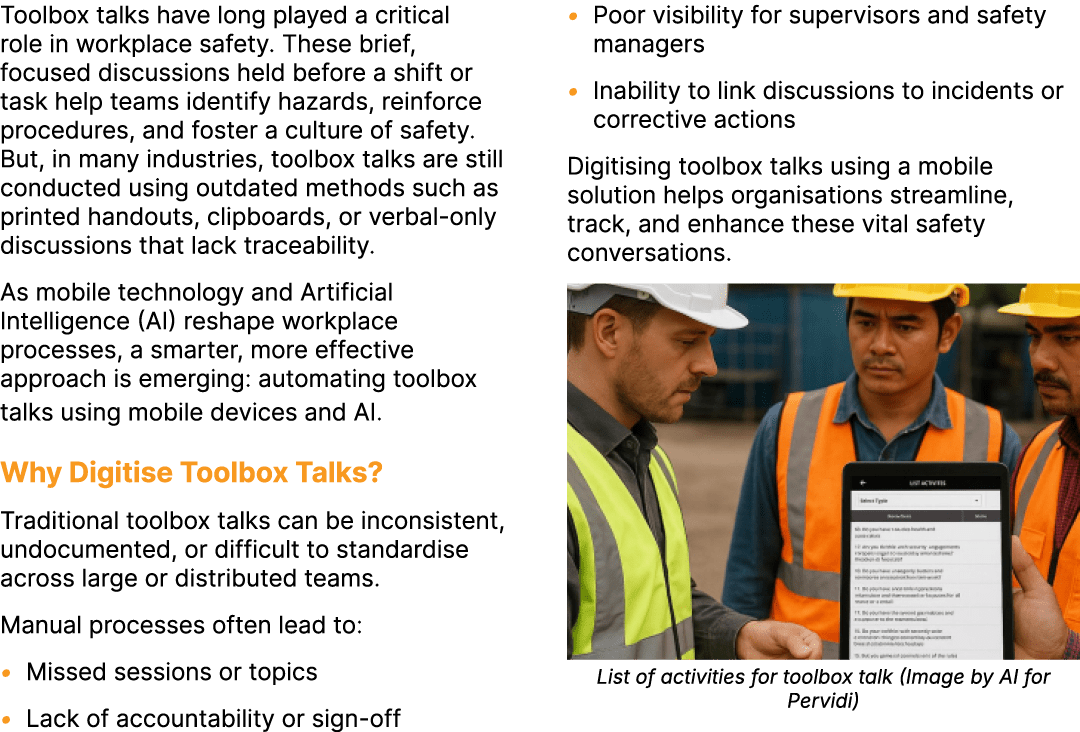 Toolbox talks have long played a critical role in workplace safety. These brief, focused discussions held before a sh...