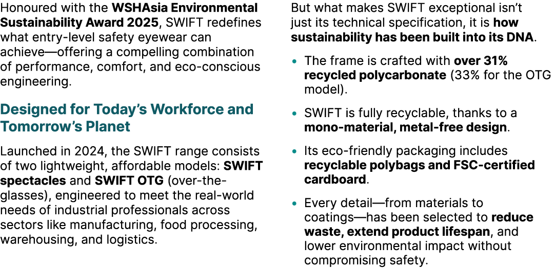 Honoured with the WSHAsia Environmental Sustainability Award 2025, SWIFT redefines what entry level safety eyewear ca...