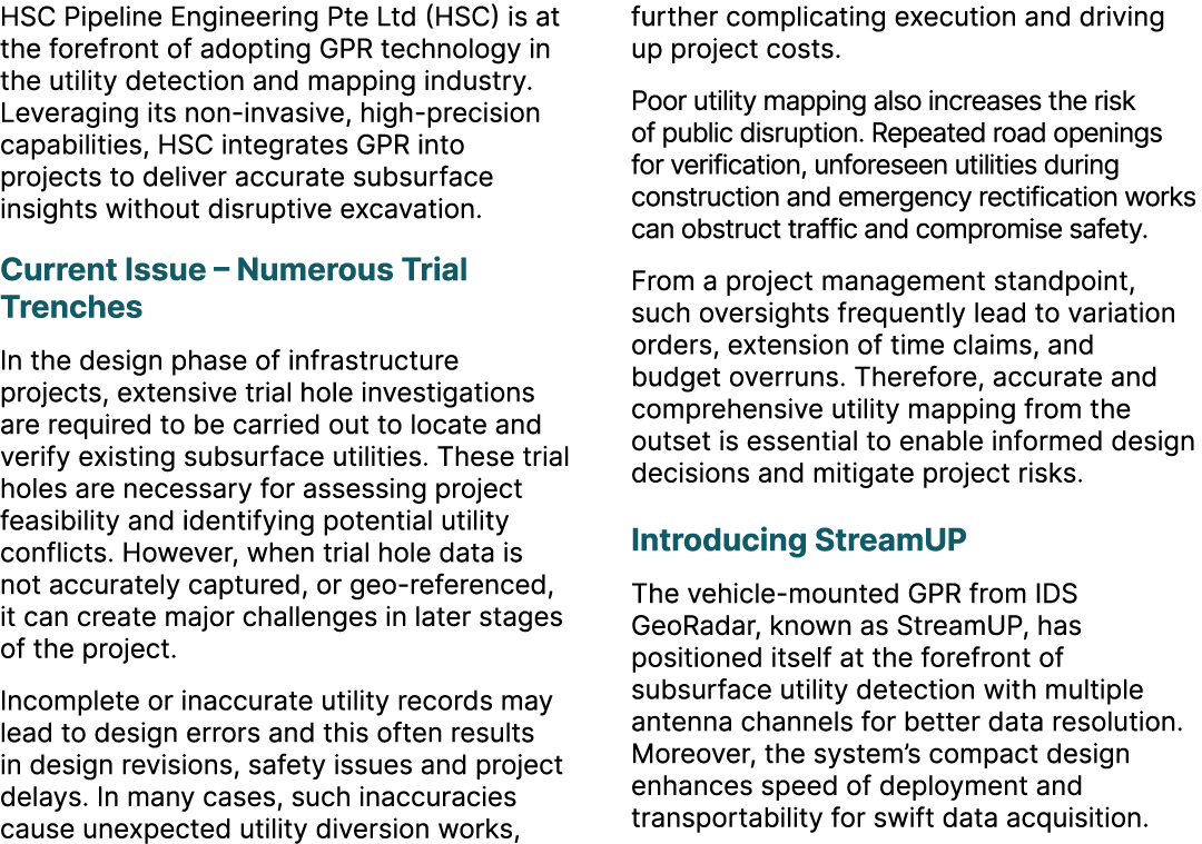HSC Pipeline Engineering Pte Ltd (HSC) is at the forefront of adopting GPR technology in the utility detection and ma...