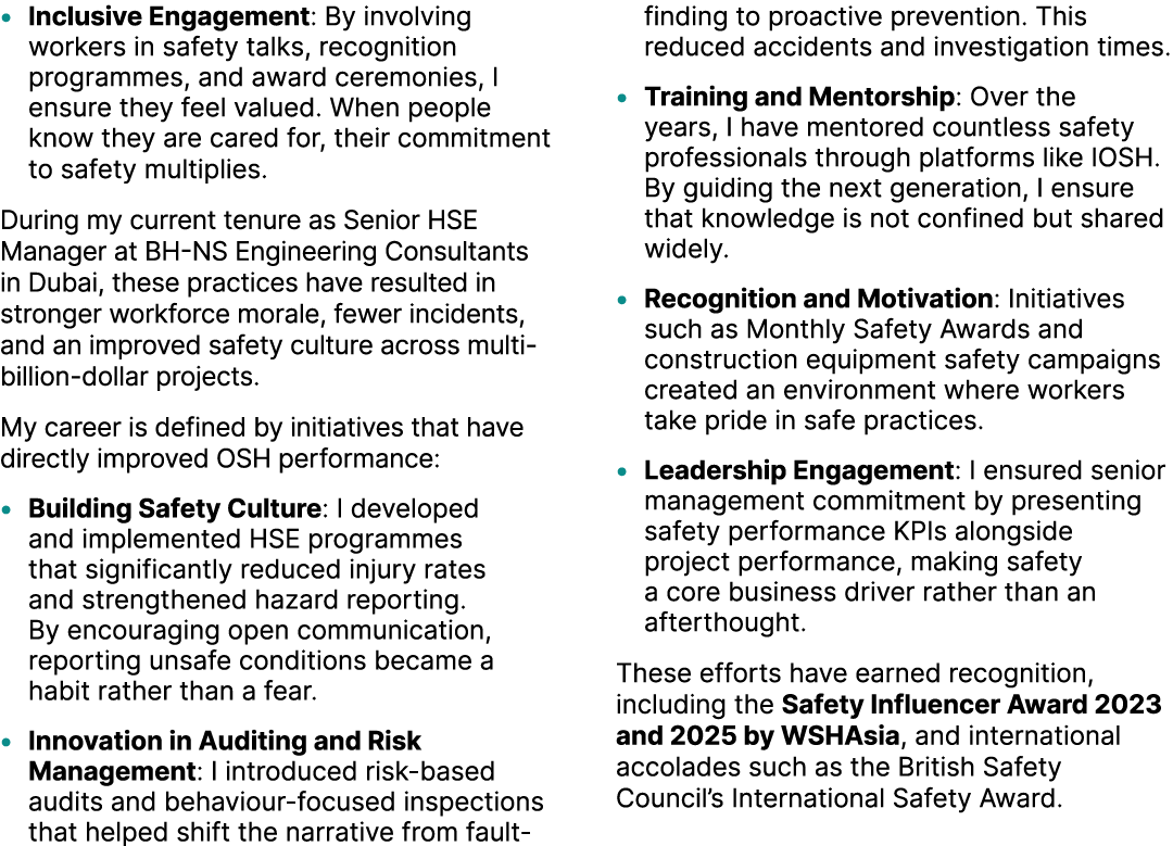 • Inclusive Engagement: By involving workers in safety talks, recognition programmes, and award ceremonies, I ensure ...
