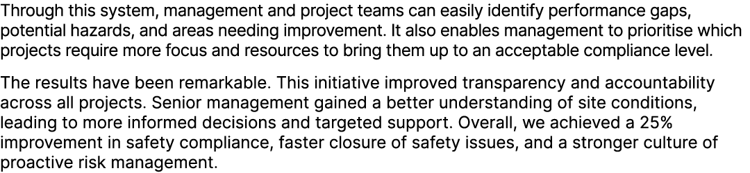Through this system, management and project teams can easily identify performance gaps, potential hazards, and areas ...