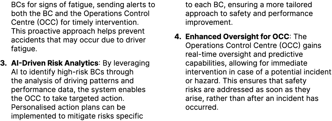 BCs for signs of fatigue, sending alerts to both the BC and the Operations Control Centre (OCC) for timely interventi...