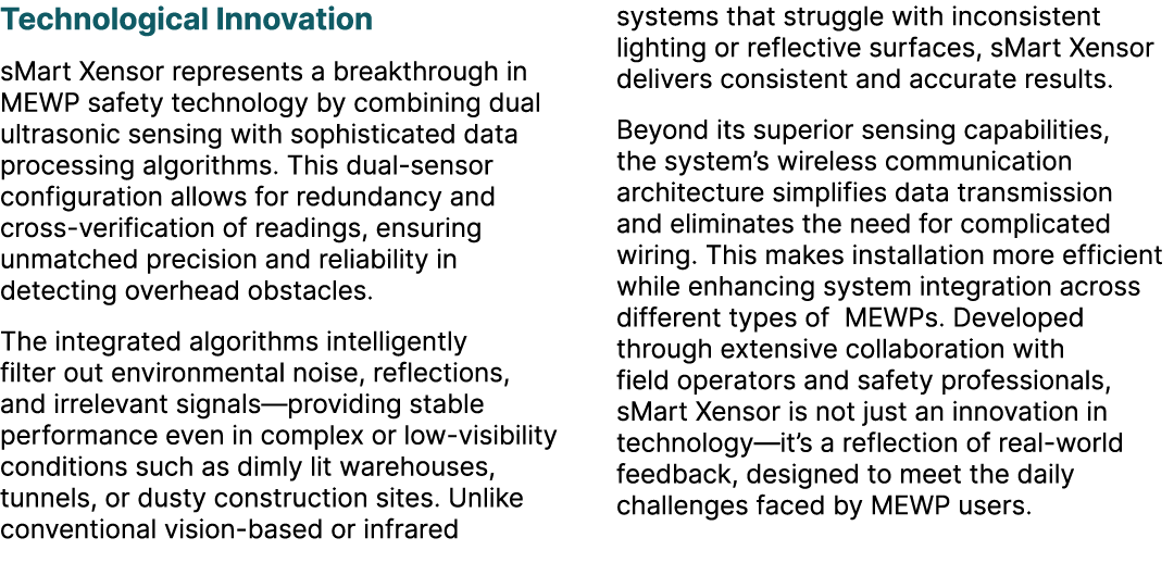 Technological Innovation sMart Xensor represents a breakthrough in MEWP safety technology by combining dual ultrasoni...