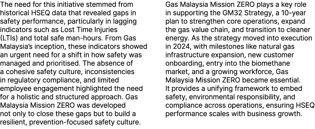 The need for this initiative stemmed from historical HSEQ data that revealed gaps in safety performance, particularly...