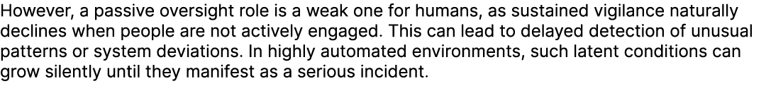 However, a passive oversight role is a weak one for humans, as sustained vigilance naturally declines when people are...
