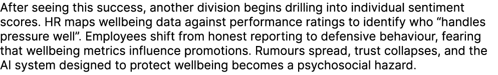 After seeing this success, another division begins drilling into individual sentiment scores. HR maps wellbeing data ...