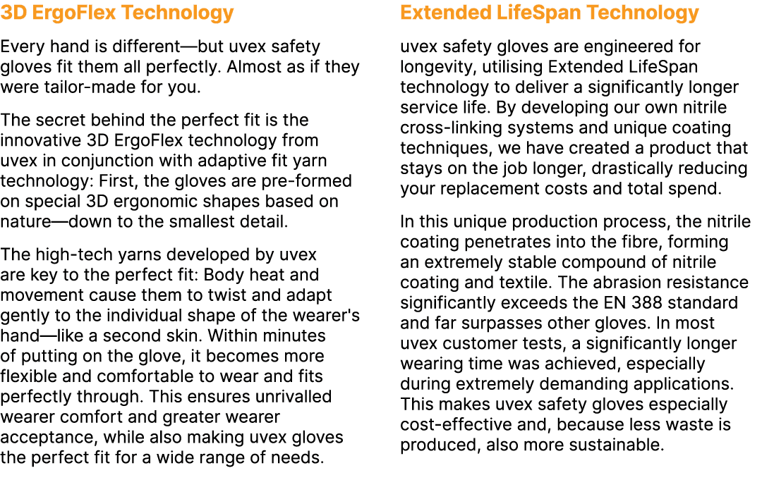 3D ErgoFlex Technology Every hand is different—but uvex safety gloves fit them all perfectly. Almost as if they were ...