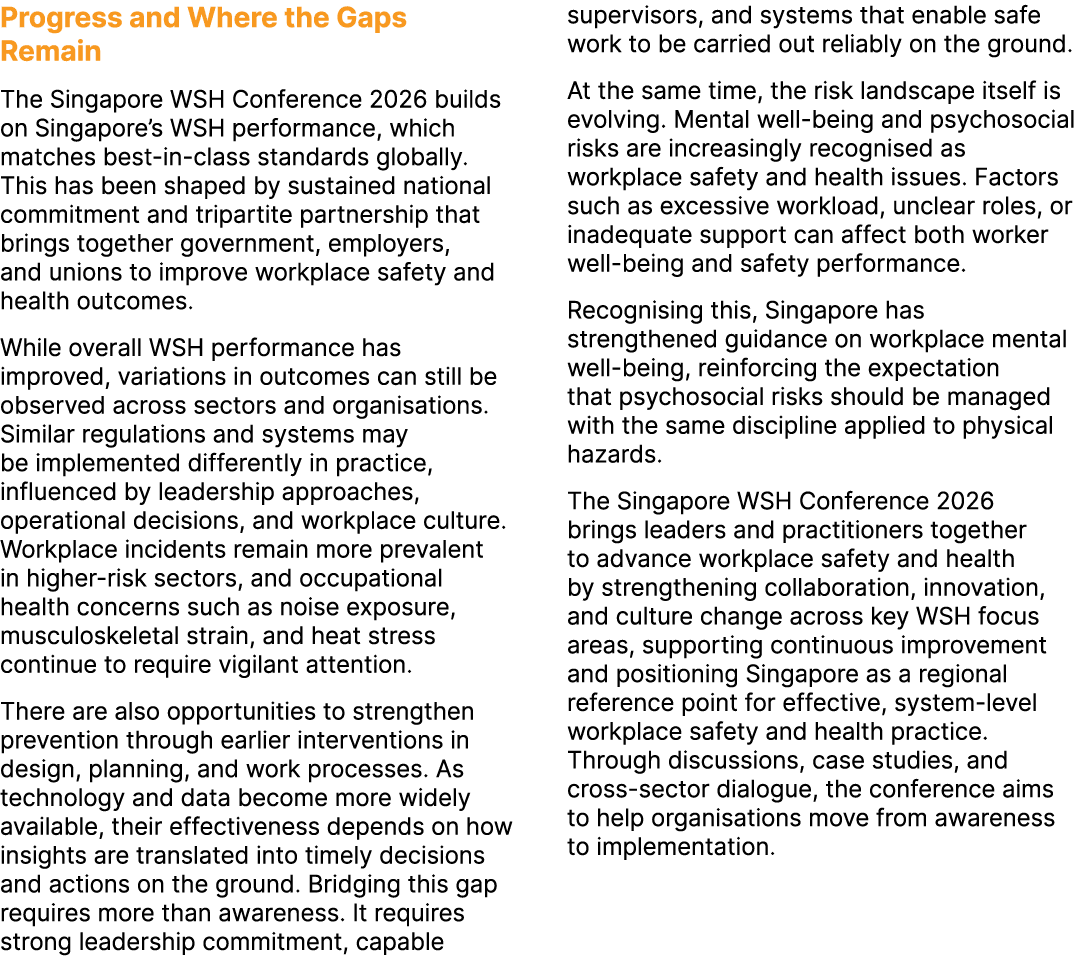 Progress and Where the Gaps Remain The Singapore WSH Conference 2026 builds on Singapore’s WSH performance, which mat...