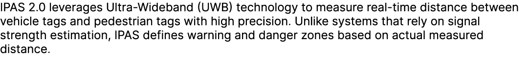 IPAS 2.0 leverages Ultra Wideband (UWB) technology to measure real time distance between vehicle tags and pedestrian ...