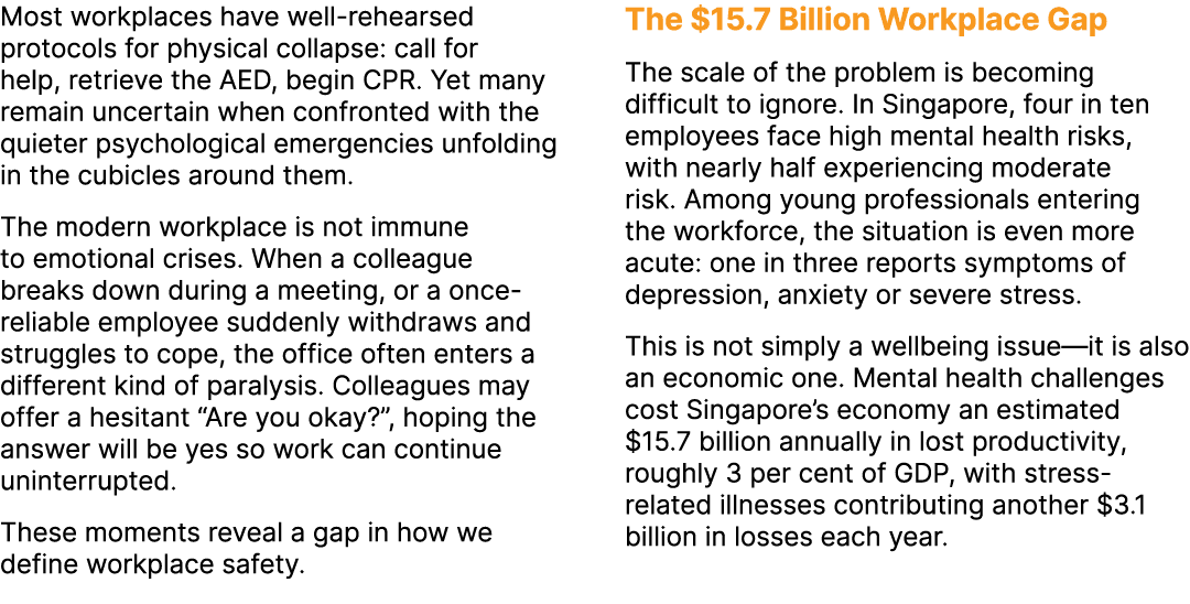 Most workplaces have well rehearsed protocols for physical collapse: call for help, retrieve the AED, begin CPR. Yet ...