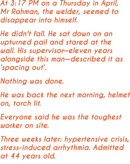 At 3:17 PM on a Thursday in April, Mr Rahman, the welder, seemed to disappear into himself. He didn't fall. He sat do...