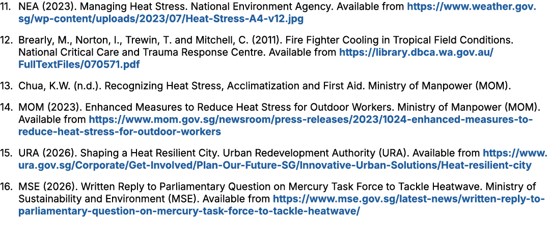 11. NEA (2023). Managing Heat Stress. National Environment Agency. Available from https://www.weather.gov.sg/wp conte...