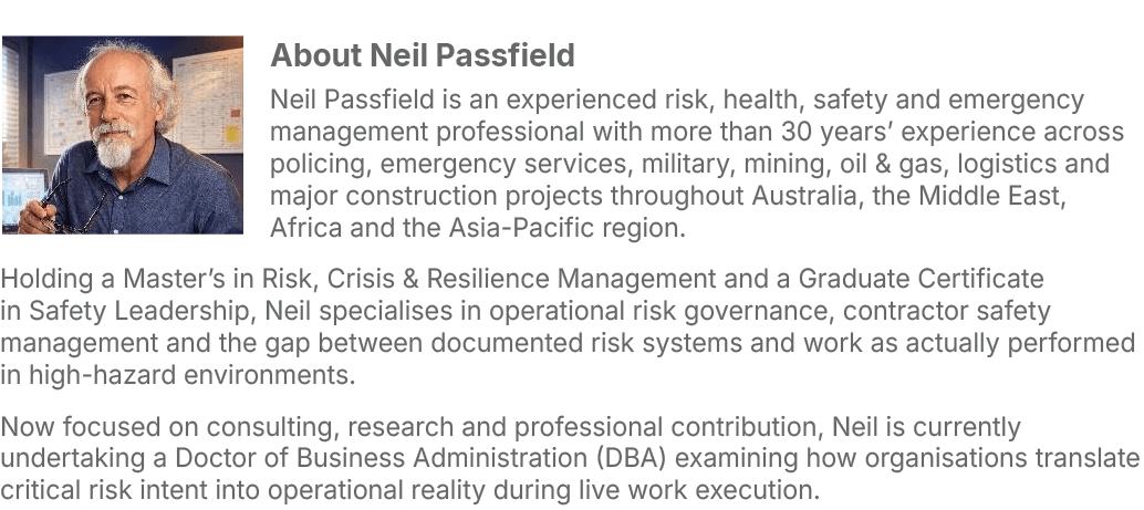 ￼About Neil Passfield Neil Passfield is an experienced risk, health, safety and emergency management professional wit...