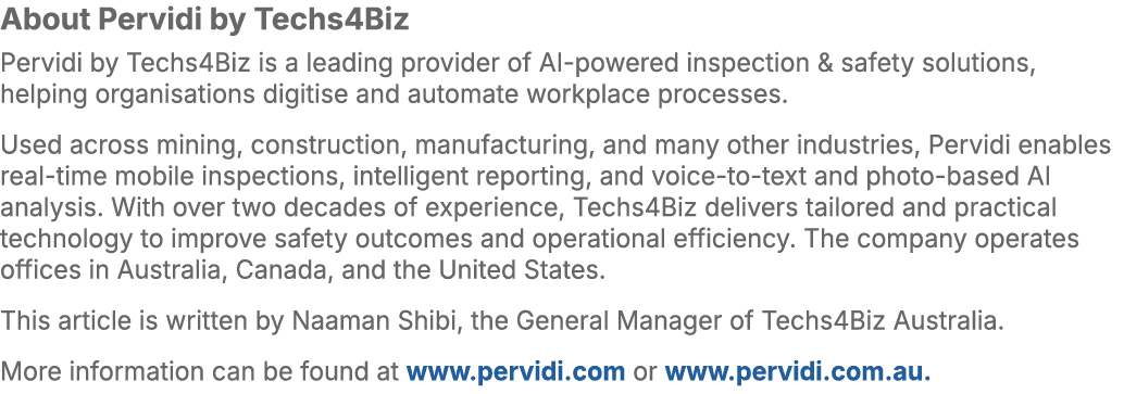 About Pervidi by Techs4Biz Pervidi by Techs4Biz is a leading provider of AI powered inspection & safety solutions, he...