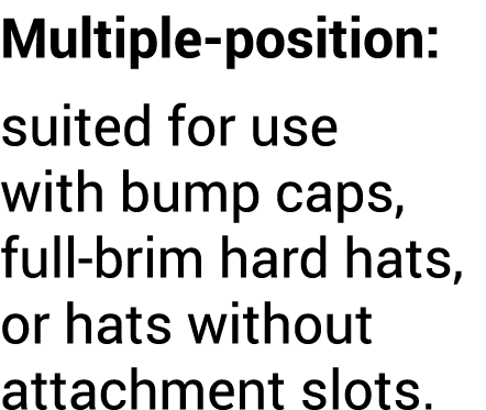 Multiple position: suited for use with bump caps, full brim hard hats, or hats without attachment slots.