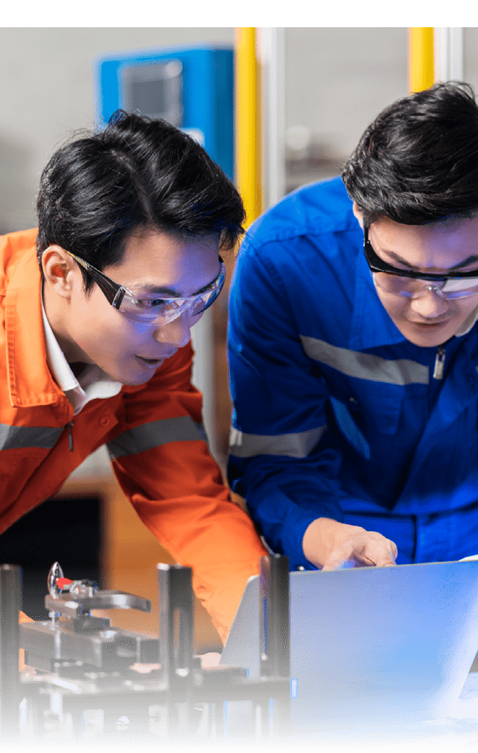 Male Asian engineer professional  having a discussion standing by the machine in the factory ,two asian coworker brainstorm explaining and solves the process curcuit mother board of the machine