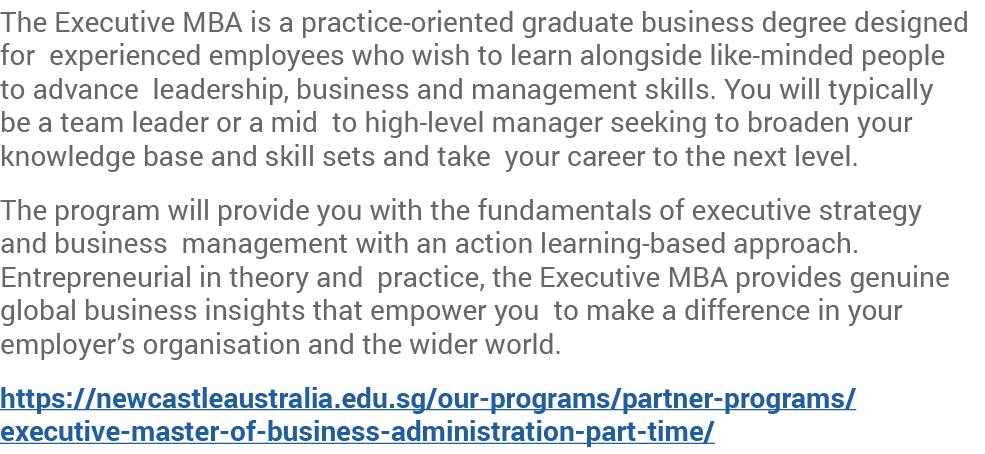 The Executive MBA is a practice oriented graduate business degree designed for experienced employees who wish to lear...