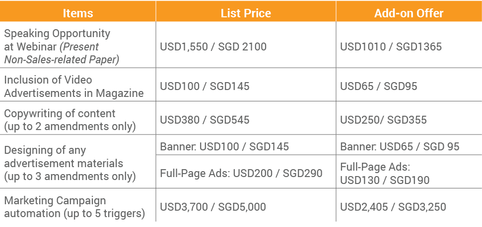 Items,List Price,Add-on Offer,Speaking Opportunity at Webinar (Present Non-Sales-related Paper),USD1,550   SGD 2100,U   